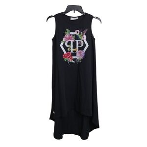 $285 Philipp Plein Girls Sleeveless High-Low Black Dress w/ Floral Logo Size 12